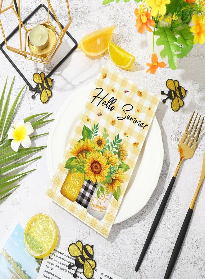 JarThenaAMCS مناديل ورقية صيفية للضيوف من JarThenaAMCS، 100 قطعة، بنقشة عباد الشمس والمربعات، 3 طبقات، للاستخدام مرة واحدة، مزينة بنباتات ونحل، مثالية لتزيين طاولات الحفلات. - Image 3